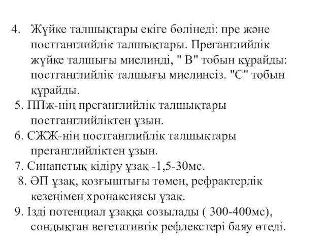 Жүйке талшықтары екіге бөлінеді: пре және постганглийлік талшықтары. Преганглийлік жүйке талшығы