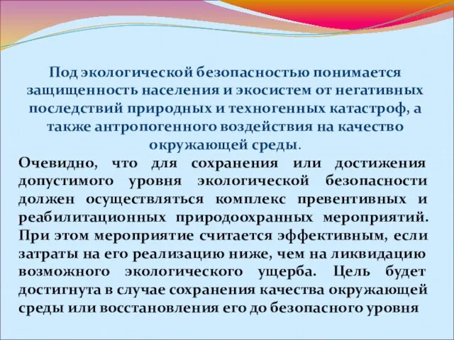 Под экологической безопасностью понимается защищенность населения и экосистем от негативных последствий