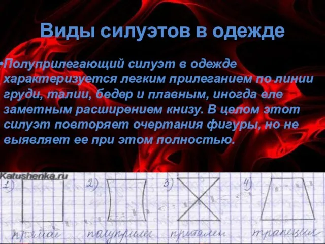 Виды силуэтов в одежде Полуприлегающий силуэт в одежде характеризуется легким прилеганием