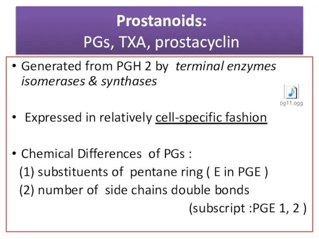 Prostanoids: PGs, TXA, prostacyclin Generated from PGH 2 by terminal enzymes