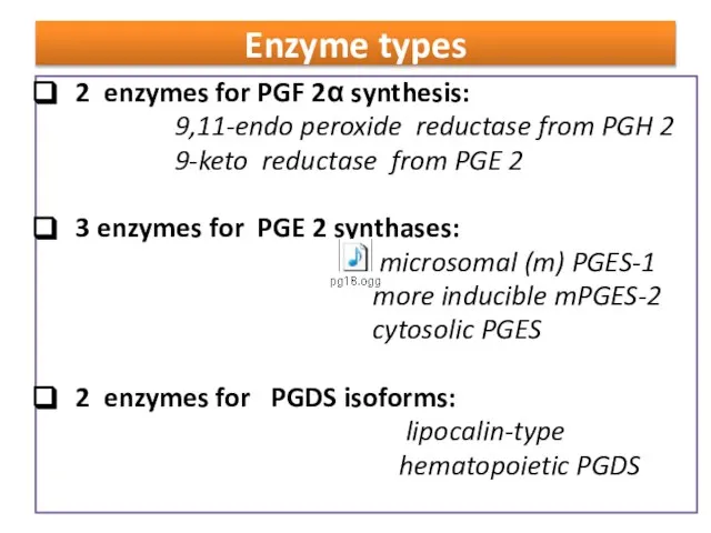 Enzyme types 2 enzymes for PGF 2α synthesis: 9,11-endo peroxide reductase