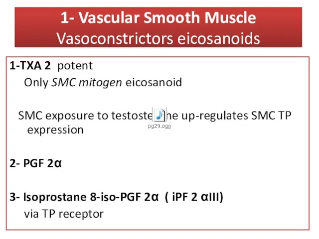 1- Vascular Smooth Muscle Vasoconstrictors eicosanoids 1-TXA 2 potent Only SMC