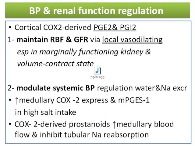 BP & renal function regulation Cortical COX2-derived PGE2& PGI2 1- maintain