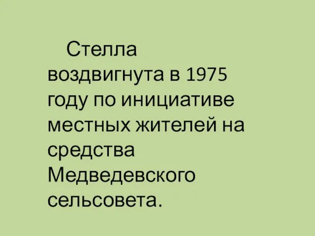 Стелла воздвигнута в 1975 году по инициативе местных жителей на средства Медведевского сельсовета.