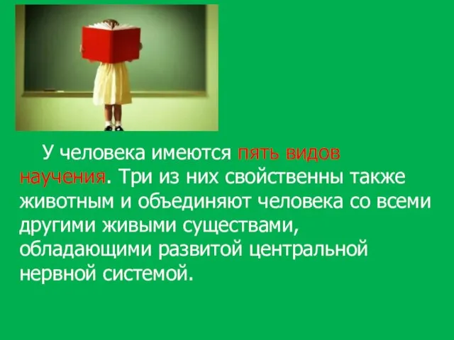 У человека имеются пять видов научения. Три из них свойственны также