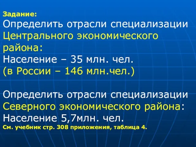 Задание: Определить отрасли специализации Центрального экономического района: Население – 35 млн.