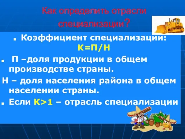 Как определить отрасли специализации? Коэффициент специализации: К=П/Н П –доля продукции в