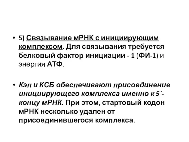 5) Связывание мРНК с инициирующим комплексом. Для связывания требуется белковый фактор