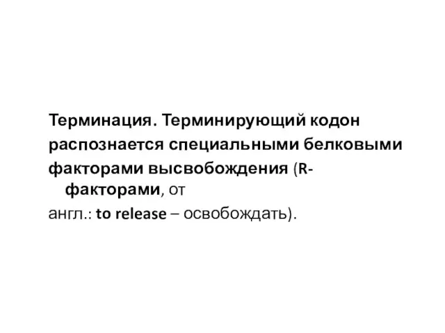 Терминация. Терминирующий кодон распознается специальными белковыми факторами высвобождения (R-факторами, от англ.: to release – освобождать).