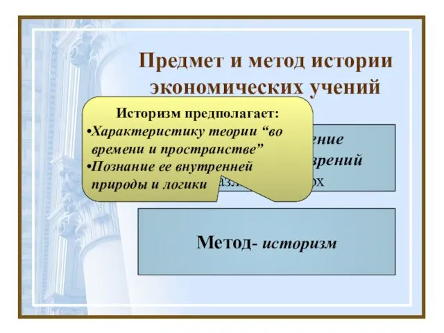 Предмет и метод истории экономических учений Предмет- изучение экономических воззрений различных