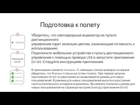 Подготовка к полету Убедитесь, что светодиодный индикатор на пульте дистанционного управления