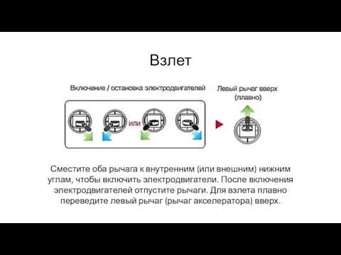 Взлет Сместите оба рычага к внутренним (или внешним) нижним углам, чтобы