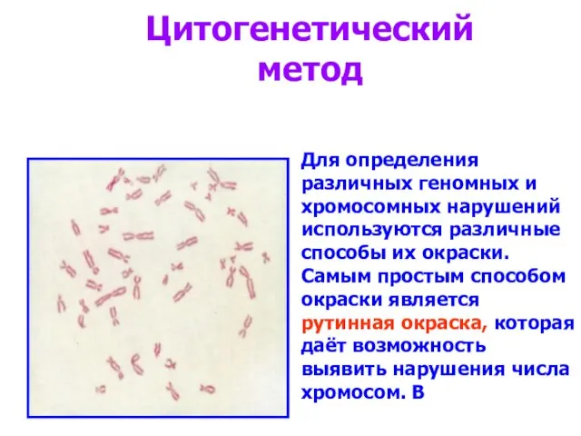 Цитогенетический метод Для определения различных геномных и хромосомных нарушений используются различные