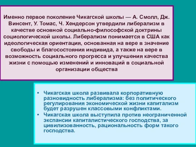 Именно первое поколение Чикагской школы — А. Смолл, Дж. Винсент, У.