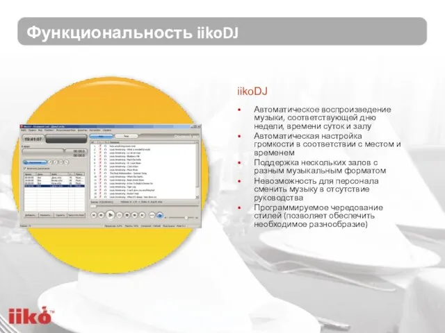 Функциональность iikoDJ Автоматическое воспроизведение музыки, соответствующей дню недели, времени суток и