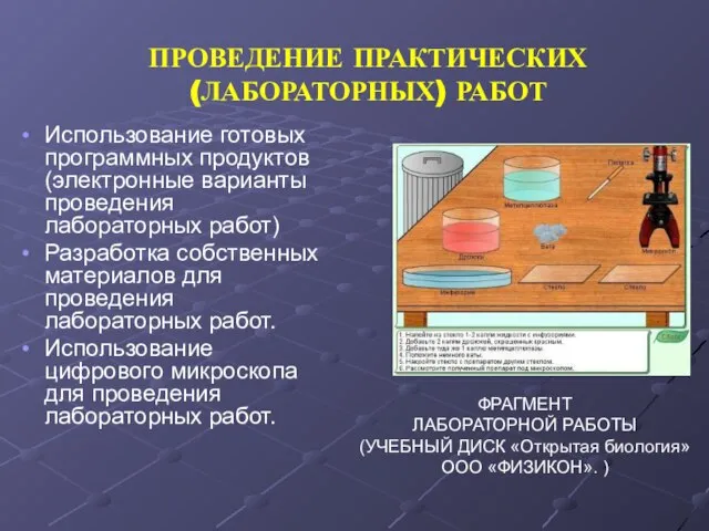 ПРОВЕДЕНИЕ ПРАКТИЧЕСКИХ (ЛАБОРАТОРНЫХ) РАБОТ Использование готовых программных продуктов(электронные варианты проведения лабораторных