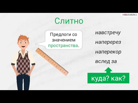 Слитно Предлоги со значением пространства. навстречу наперерез наперекор вслед за куда? как?