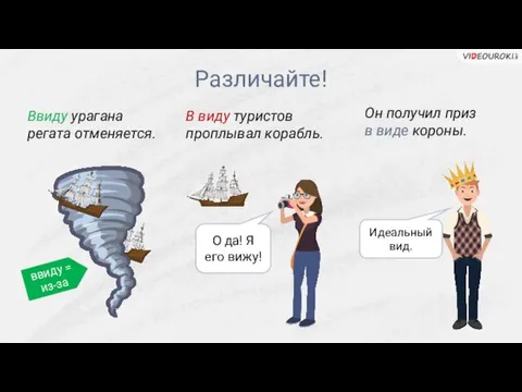 Различайте! Ввиду урагана регата отменяется. В виду туристов проплывал корабль. ввиду