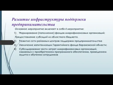 Развитие инфраструктуры поддержки предпринимательства Основное мероприятие включает в себя 4 мероприятия: