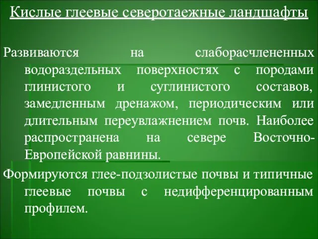 Кислые глеевые северотаежные ландшафты Развиваются на слаборасчлененных водораздельных поверхностях с породами