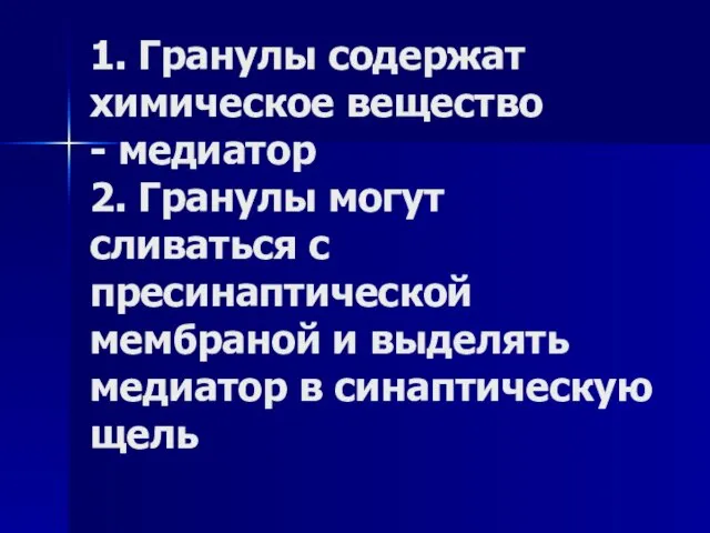 1. Гранулы содержат химическое вещество - медиатор 2. Гранулы могут сливаться