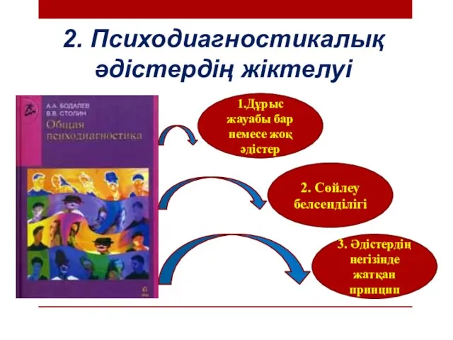 2. Психодиагностикалық әдістердің жіктелуі 1.Дұрыс жауабы бар немесе жоқ әдістер 2.