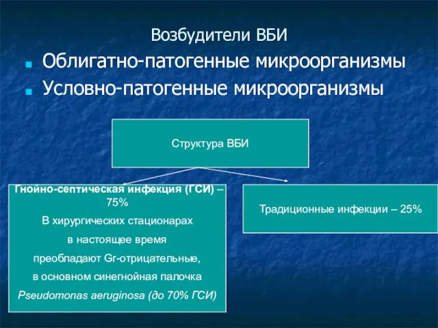 Возбудители ВБИ Облигатно-патогенные микроорганизмы Условно-патогенные микроорганизмы Структура ВБИ Гнойно-септическая инфекция (ГСИ)