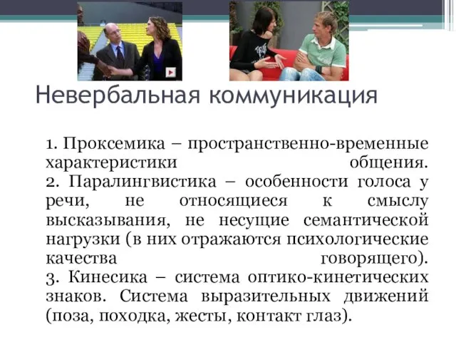 Невербальная коммуникация 1. Проксемика – пространственно-временные характеристики общения. 2. Паралингвистика –