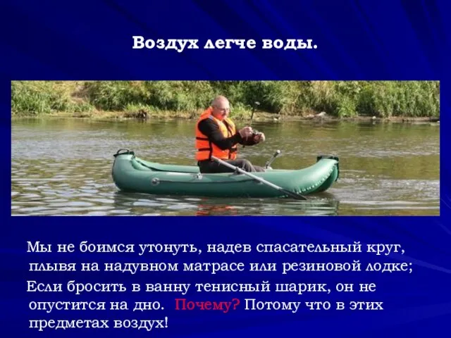 Воздух легче воды. Мы не боимся утонуть, надев спасательный круг, плывя