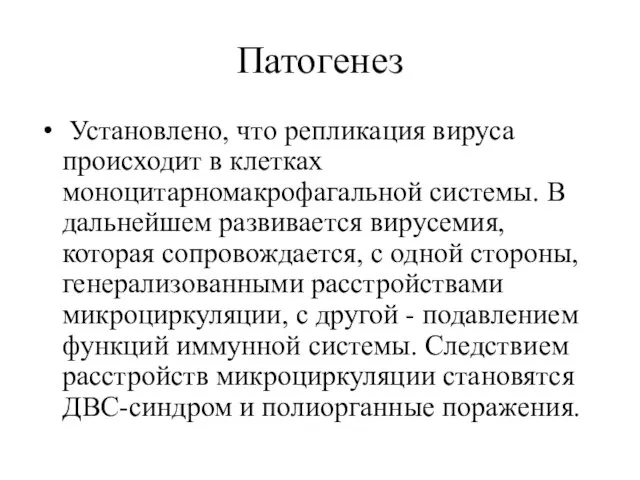 Патогенез Установлено, что репликация вируса происходит в клетках моноцитарномакрофагальной системы. В