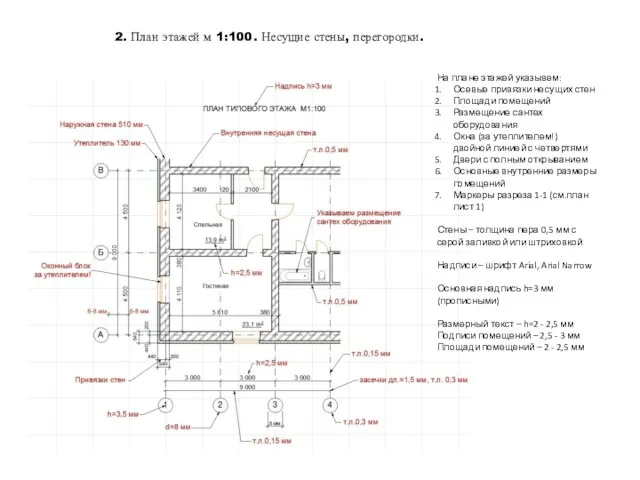 2. План этажей м 1:100. Несущие стены, перегородки. На плане этажей