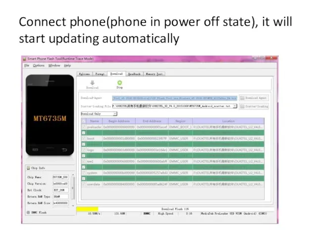 Connect phone(phone in power off state), it will start updating automatically