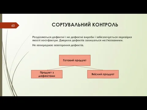 СОРТУВАЛЬНИЙ КОНТРОЛЬ Розділяються дефектні і не дефектні вироби і забезпечується перевірка