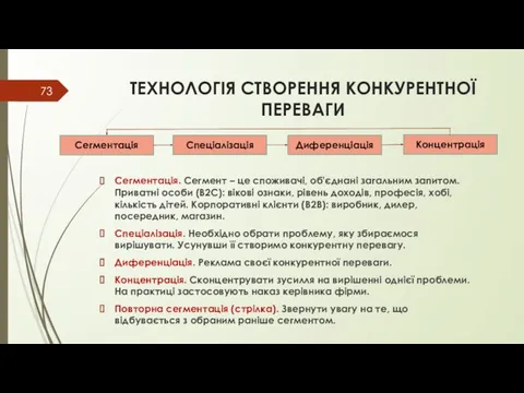 ТЕХНОЛОГІЯ СТВОРЕННЯ КОНКУРЕНТНОЇ ПЕРЕВАГИ Сегментація. Сегмент – це споживачі, об'єднані загальним