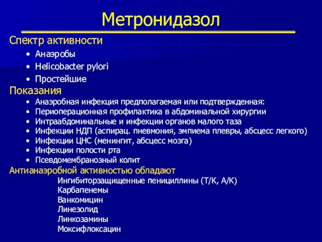 Метронидазол Спектр активности Анаэробы Helicobacter pylori Простейшие Показания Анаэробная инфекция предполагаемая