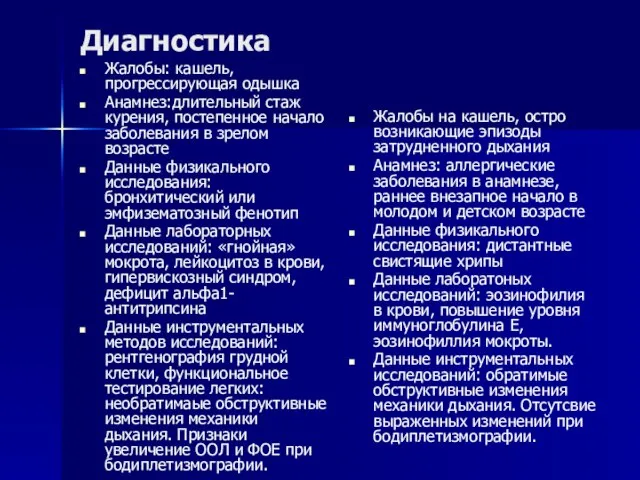 Диагностика Жалобы: кашель, прогрессирующая одышка Анамнез:длительный стаж курения, постепенное начало заболевания