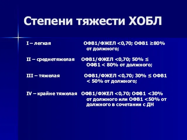 I – легкая ОФВ1/ФЖЕЛ от должного; II – среднетяжелая ОФВ1/ФЖЕЛ ОФВ1