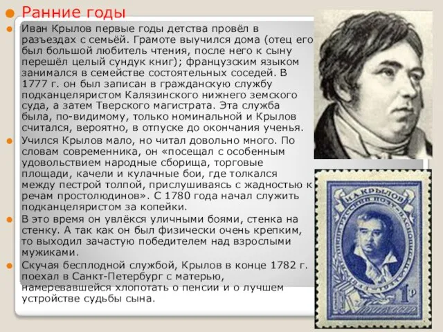 Ранние годы Иван Крылов первые годы детства провёл в разъездах с