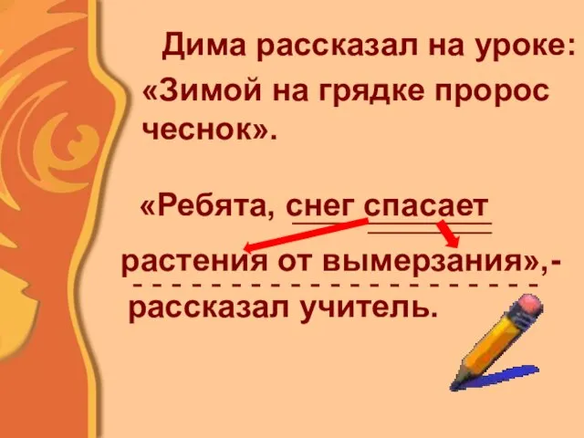Дима рассказал на уроке: «Зимой на грядке пророс чеснок». рассказал учитель.