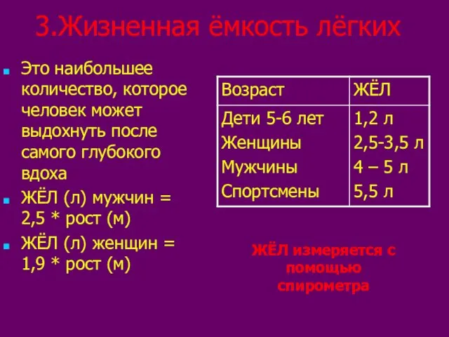 3.Жизненная ёмкость лёгких Это наибольшее количество, которое человек может выдохнуть после