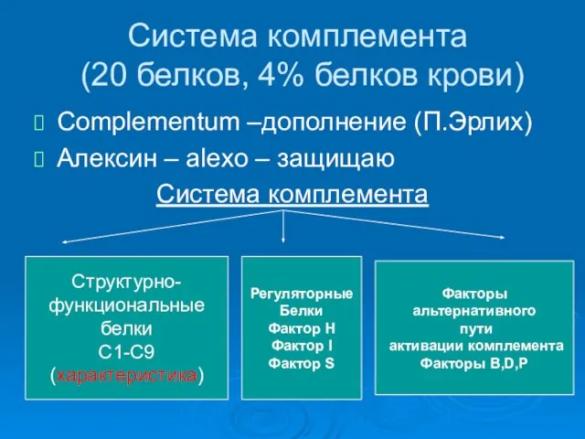 Система комплемента (20 белков, 4% белков крови) Complementum –дополнение (П.Эрлих) Алексин