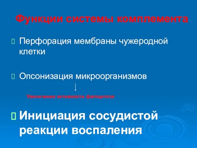 Функции системы комплемента Перфорация мембраны чужеродной клетки Опсонизация микроорганизмов Инициация сосудистой реакции воспаления Увеличение активности фагоцитоза