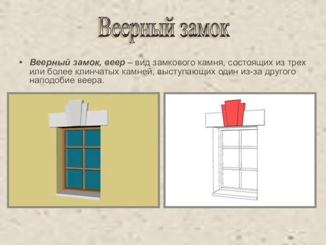 Веерный замок Веерный замок, веер – вид замкового камня, состоящих из