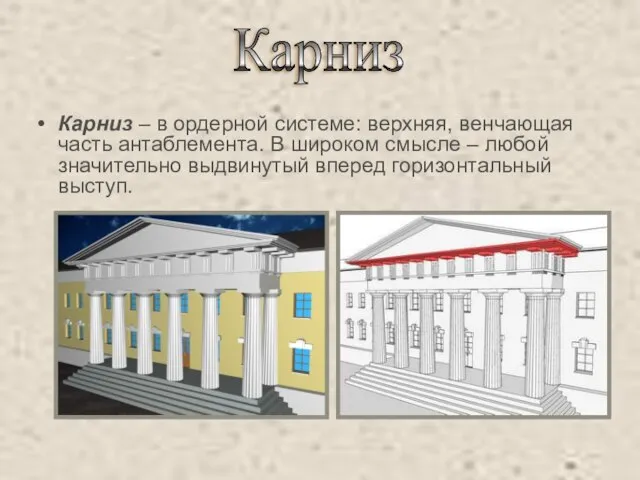 Карниз – в ордерной системе: верхняя, венчающая часть антаблемента. В широком