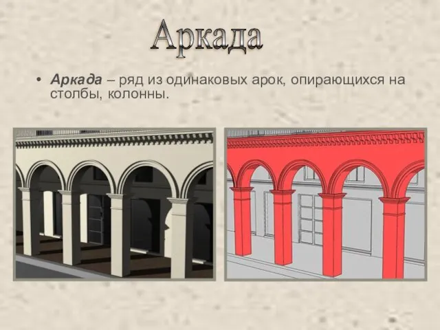 Аркада – ряд из одинаковых арок, опирающихся на столбы, колонны. Аркада