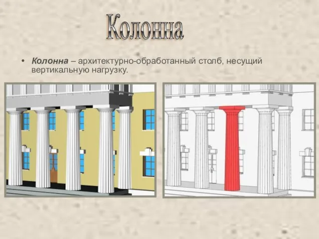 Колонна – архитектурно-обработанный столб, несущий вертикальную нагрузку. Колонна