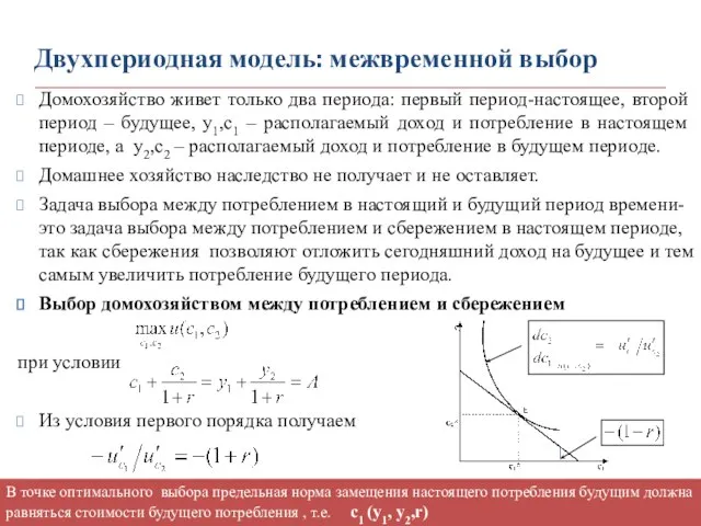 Двухпериодная модель: межвременной выбор Домохозяйство живет только два периода: первый период-настоящее,