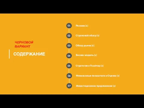 СОДЕРЖАНИЕ Финансовые показатели и Оценка (x) Инвестиционное предложение (x) 06 07 ЧЕРНОВОЙ ВАРИАНТ