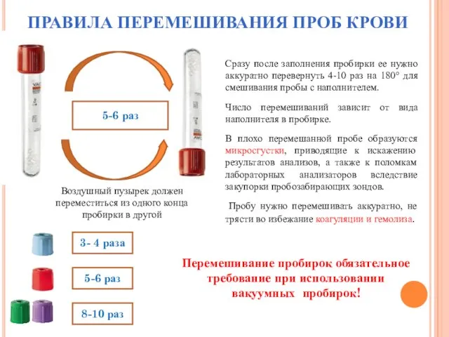 5-6 раз Перемешивание пробирок обязательное требование при использовании вакуумных пробирок! Сразу