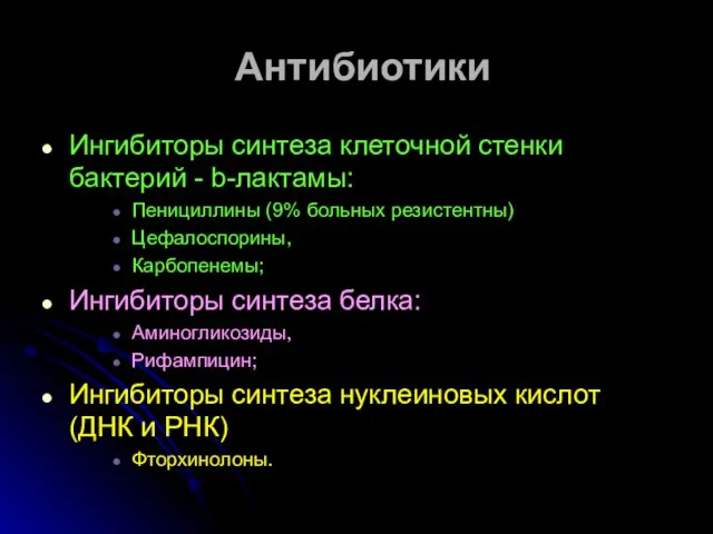 Антибиотики Ингибиторы синтеза клеточной стенки бактерий - b-лактамы: Пенициллины (9% больных